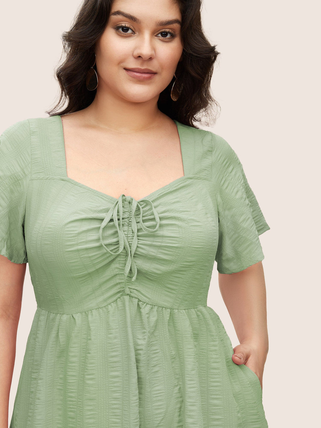 Plain Ruched Drawstring Pocket Ruffle Tiered Dress