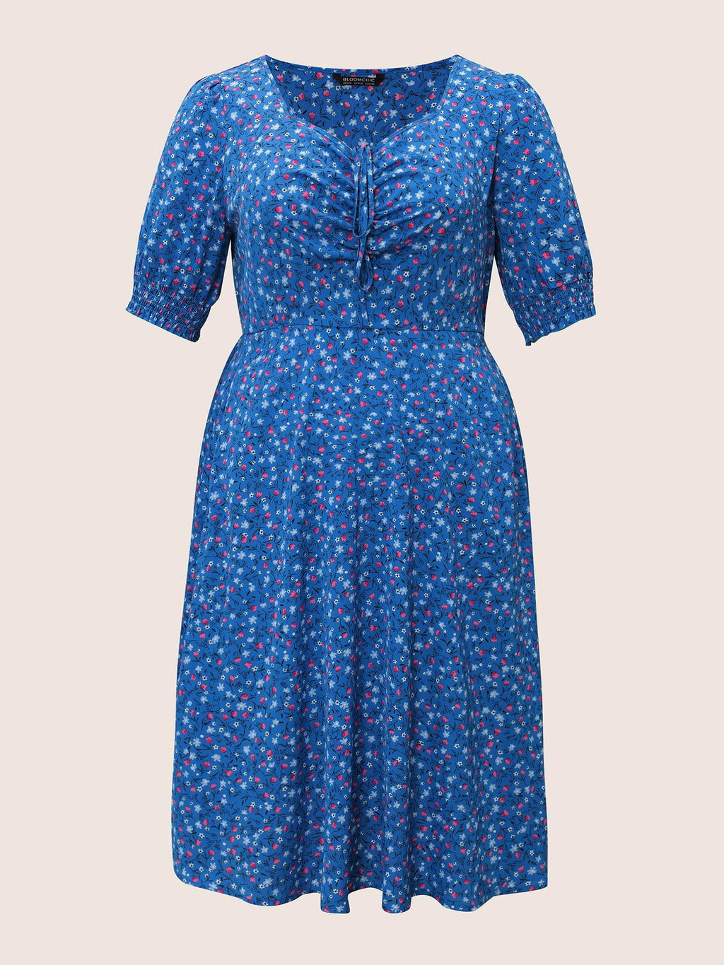 Ditsy Floral Drawstring Shirred Cuffs Dress