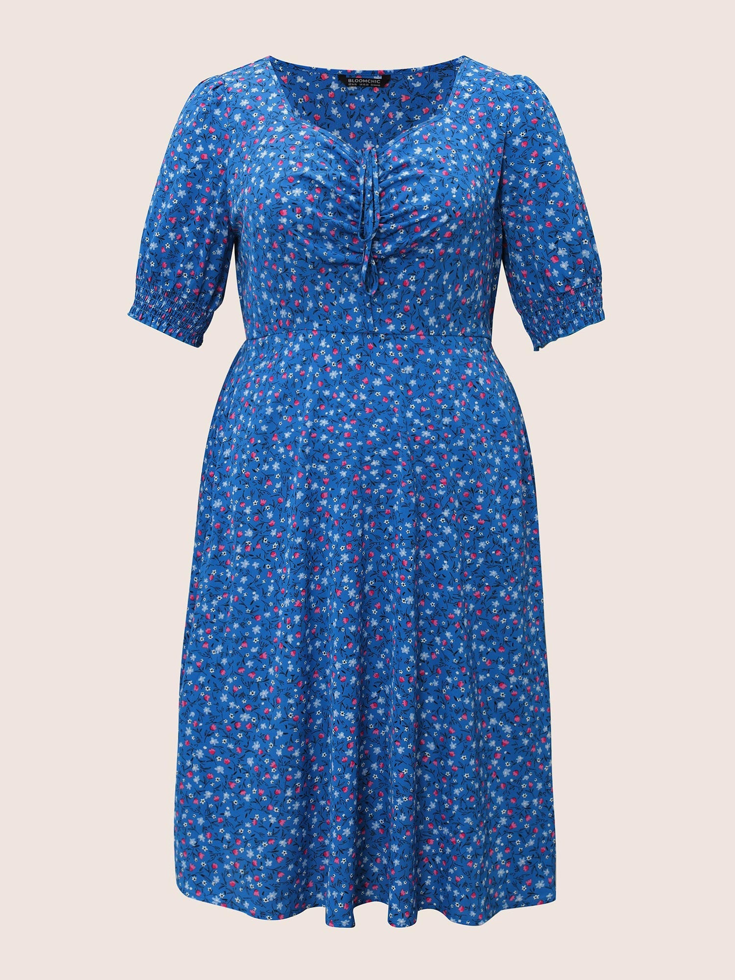 Ditsy Floral Drawstring Shirred Cuffs Dress