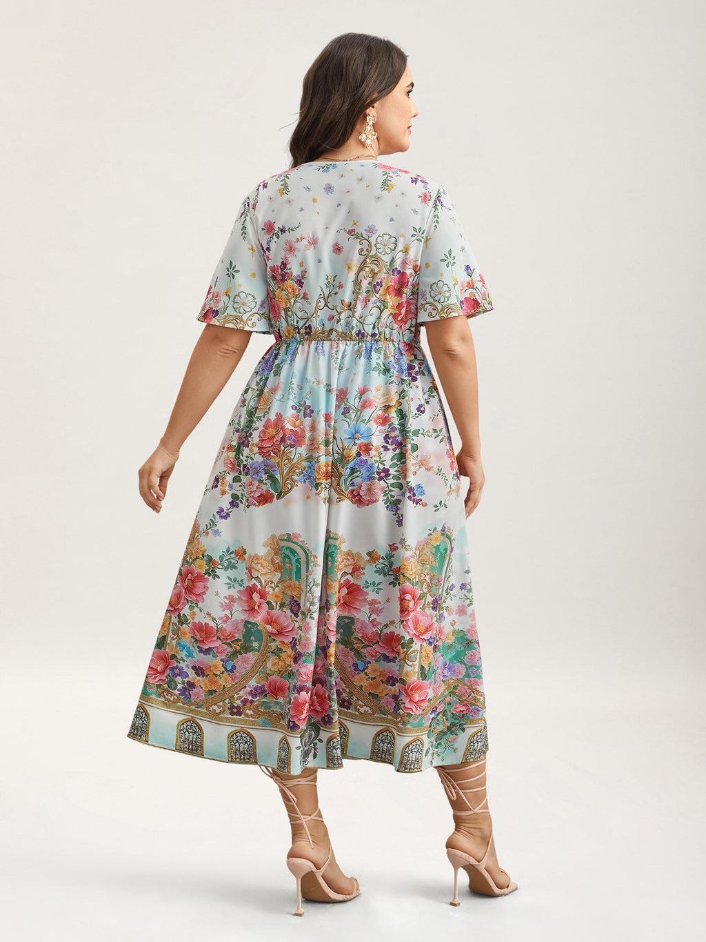 Floral Print Wrap-Neck Flared Sleeve Maxi Dress
