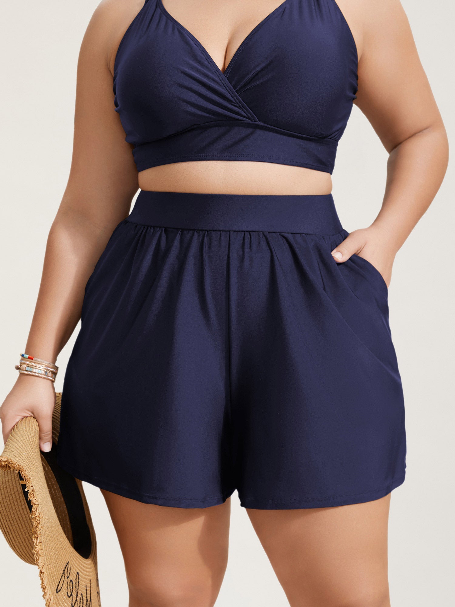 High Waisted Pockets Solid Pleated Swim Bottom
