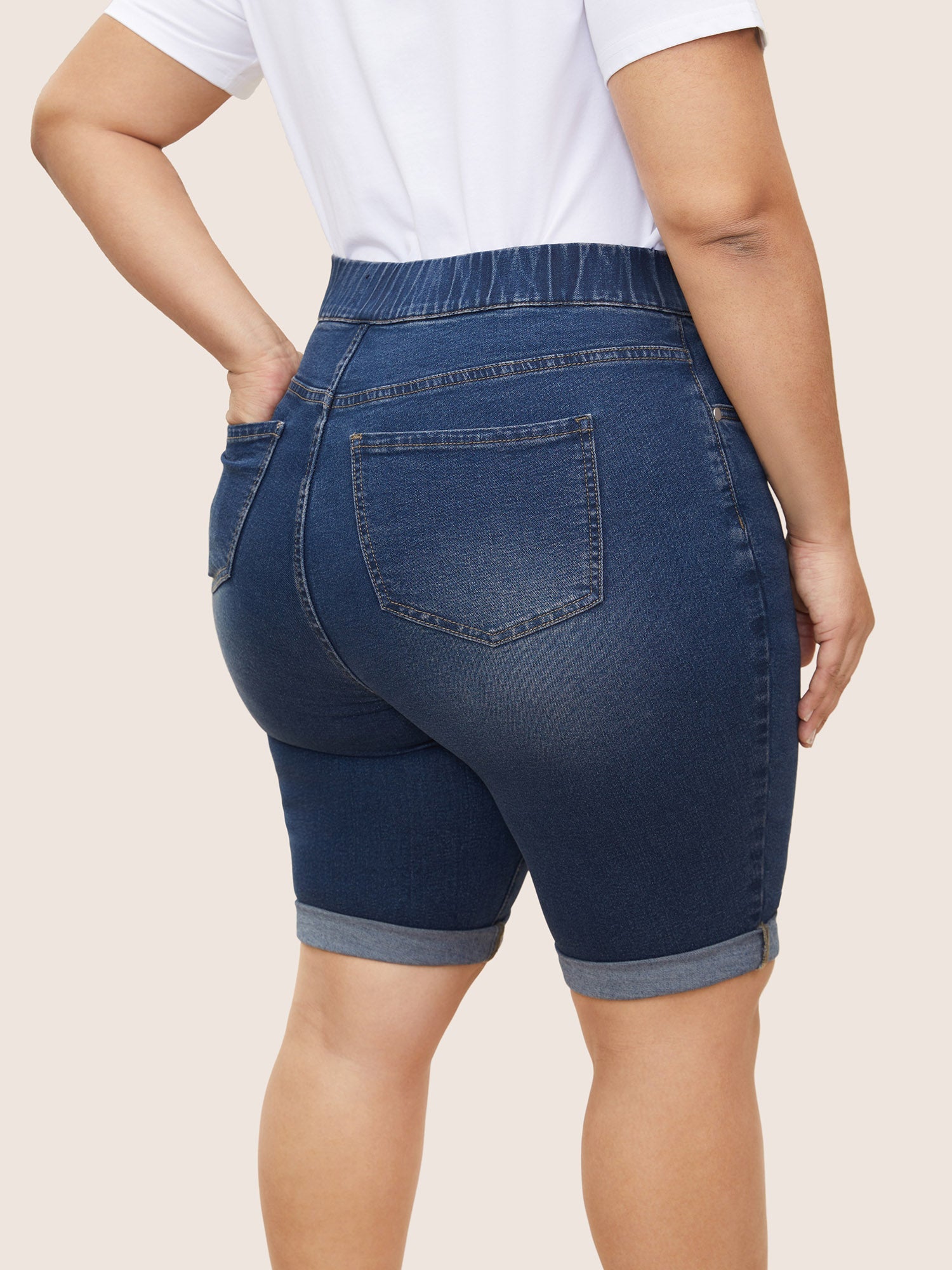 Roll Hem Elastic Waist Dark Wash Denim Shorts