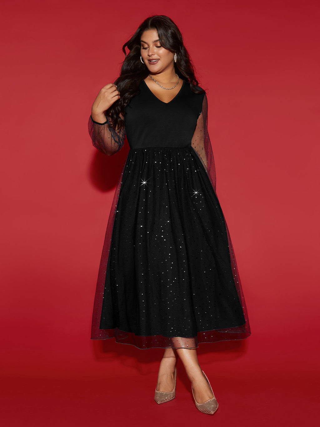 Sheer Mesh Shimmering Sequins Maxi Dress