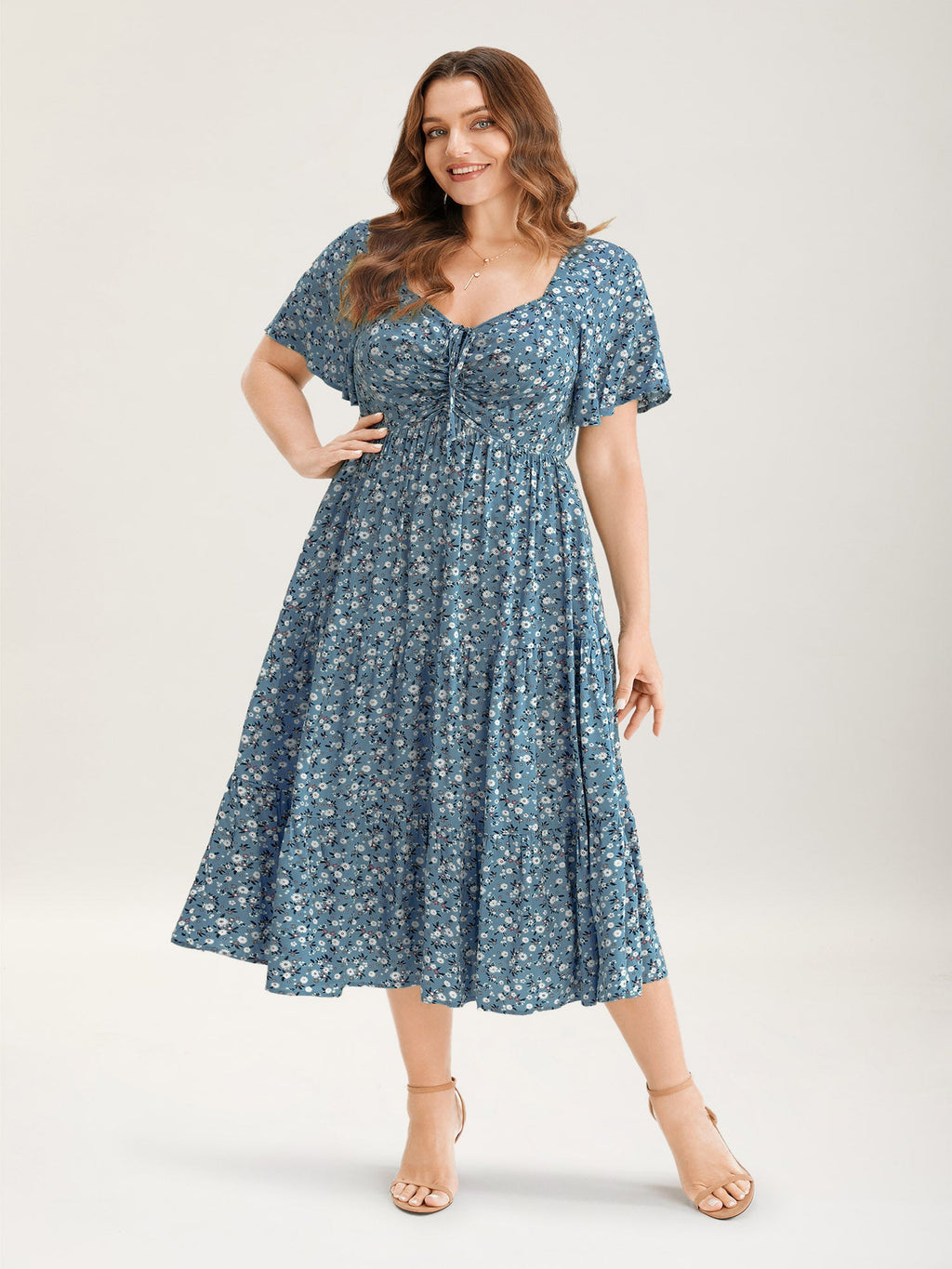 Ditsy Floral Drawstring Ruched Pocket Ruffle Tiered Dress