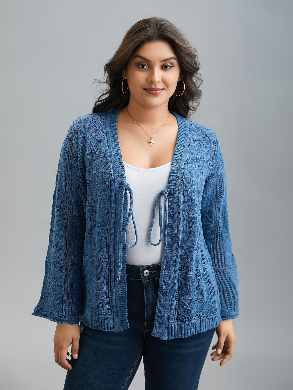 Front-Tie Textured Eyelet Knit Cardigan