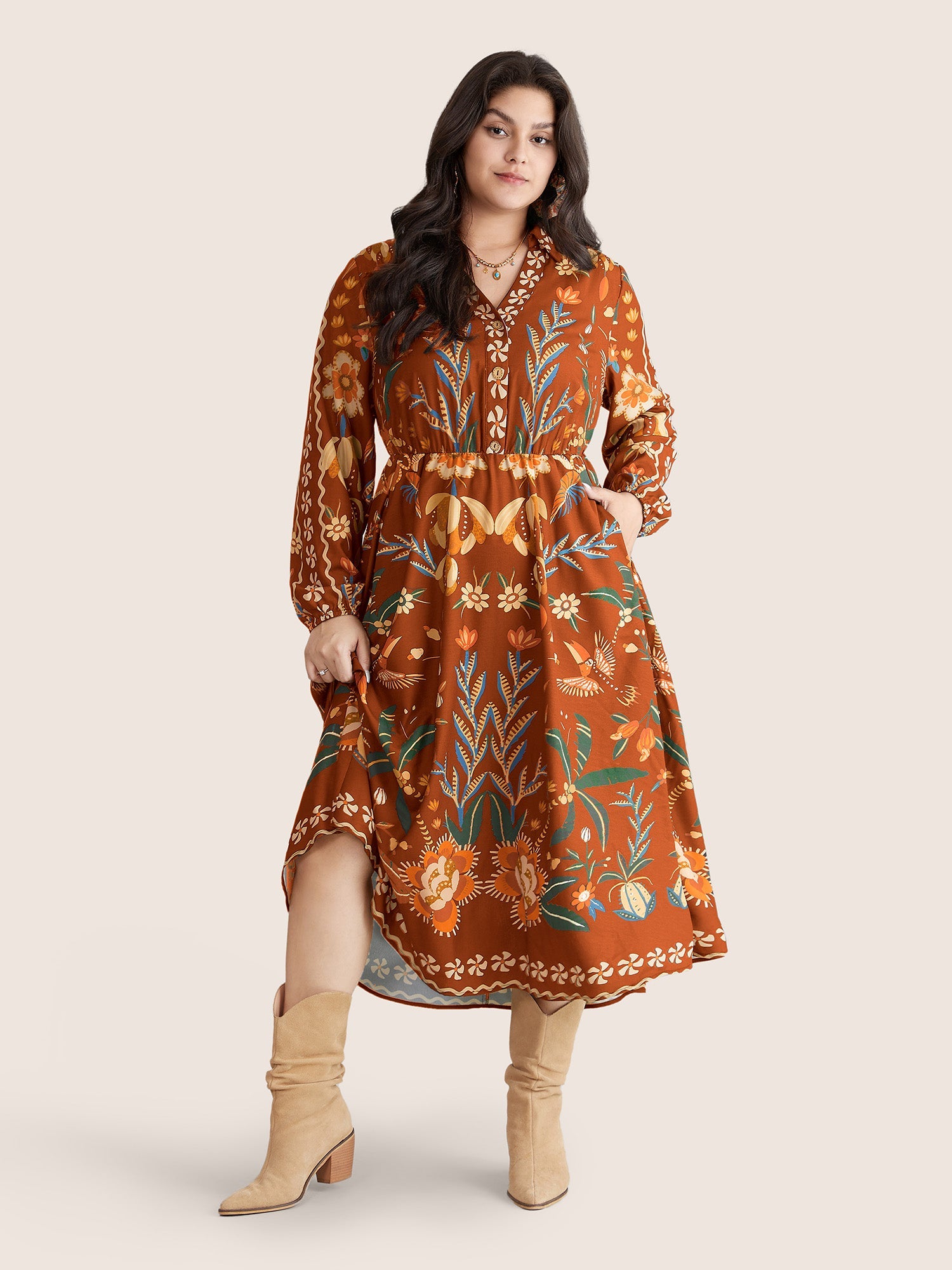 Bandana Print Pocket Lapel Collar Elastic Cuffs Dress