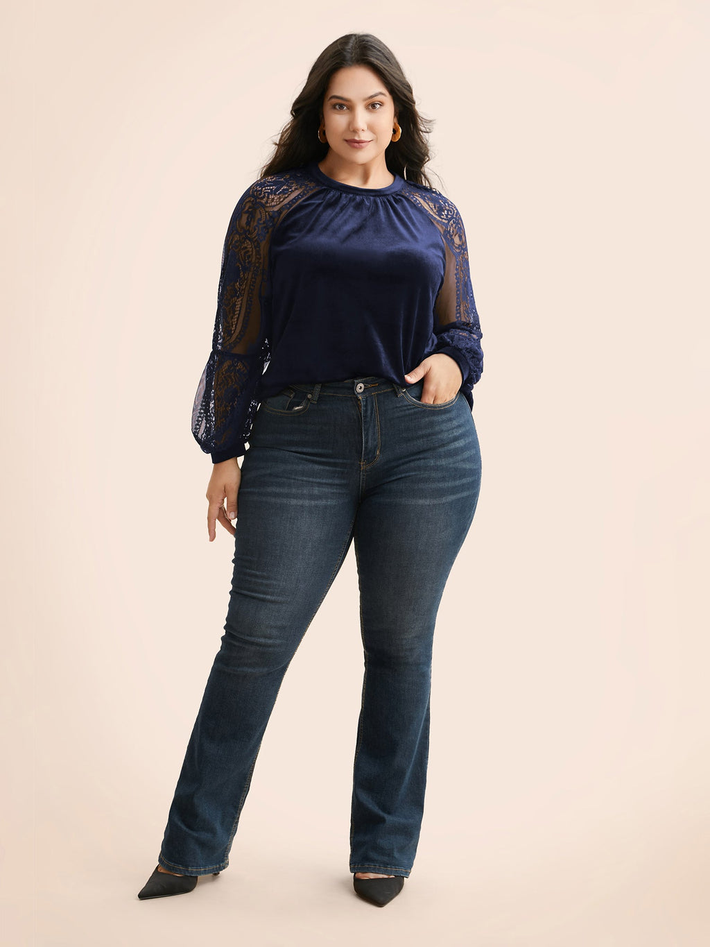 Lace Patchwork Velvet Raglan Sleeve Blouse