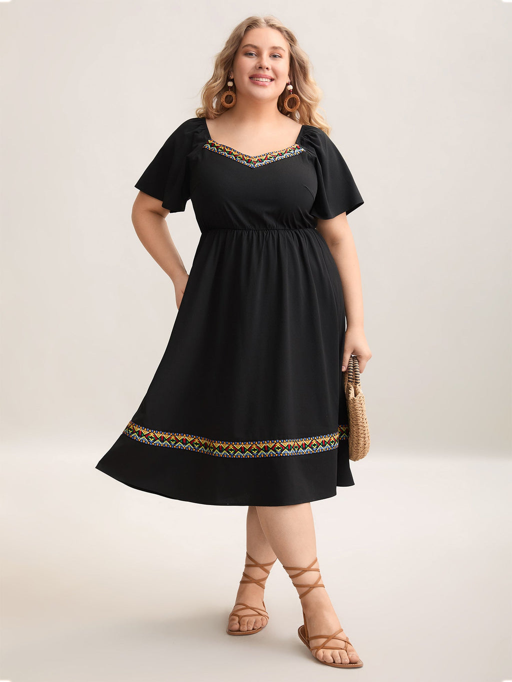 Textured Stretchy Waist Pockets Midi Dress