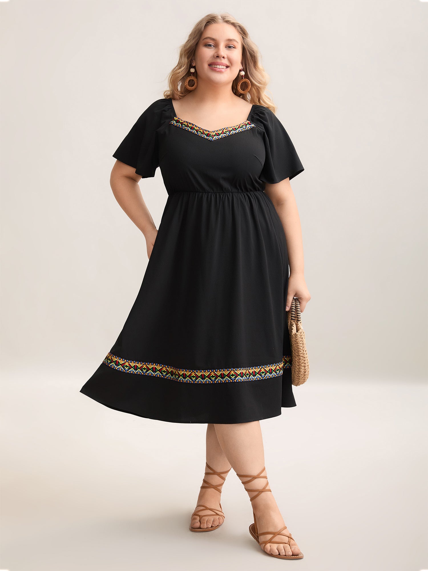 Textured Stretchy Waist Pockets Midi Dress