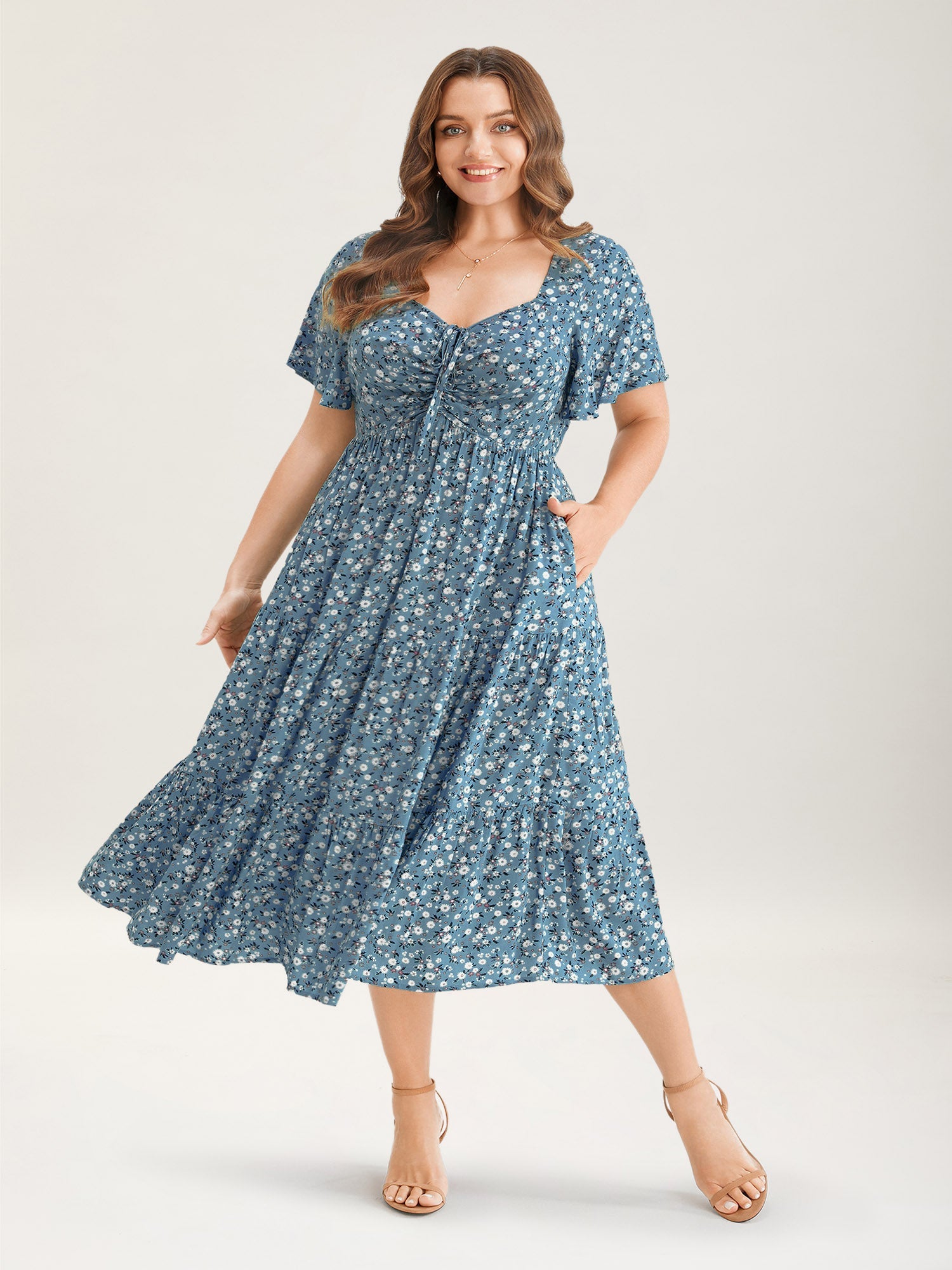 Ditsy Floral Drawstring Ruched Pocket Ruffle Tiered Dress