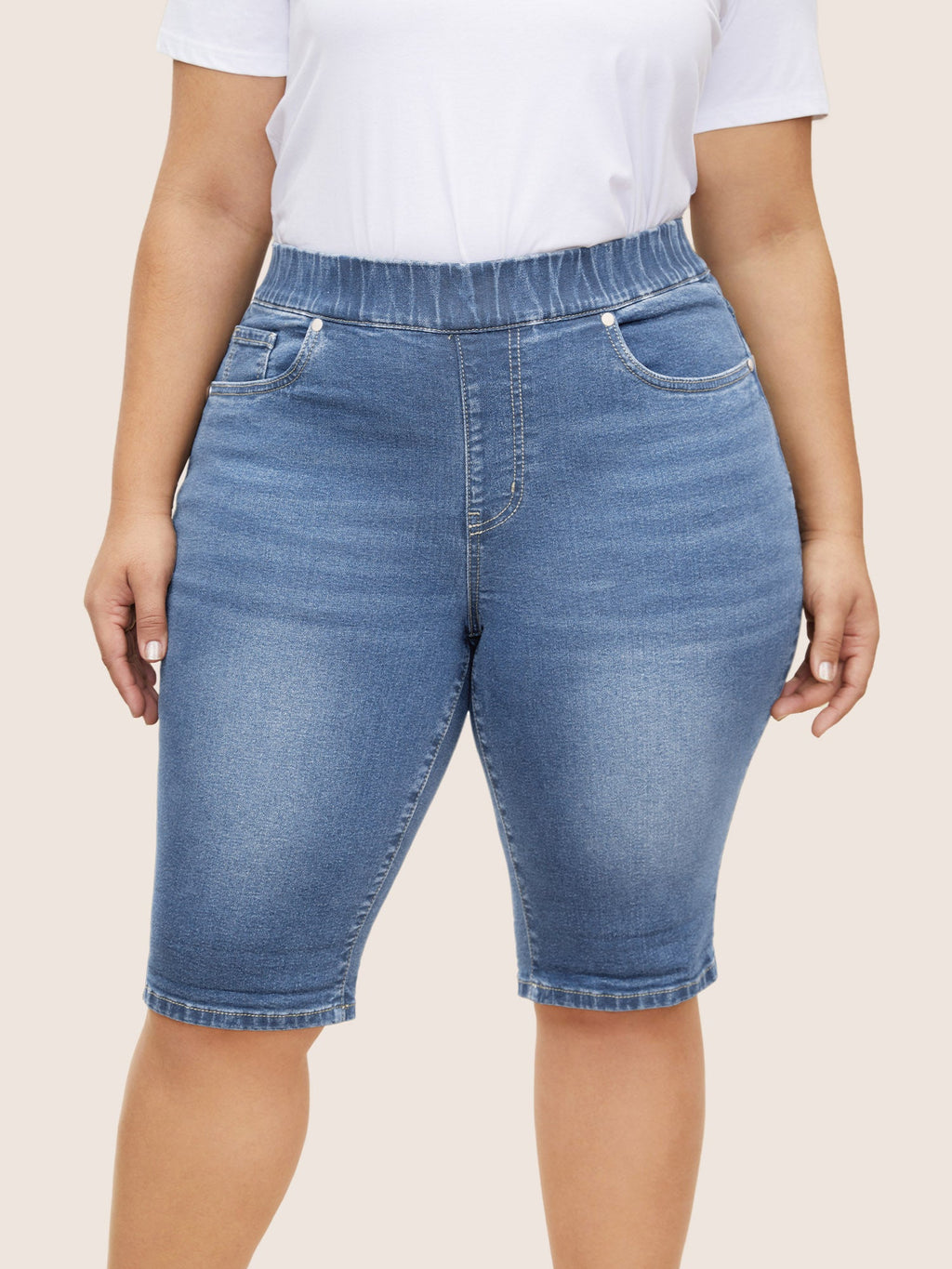 Roll Hem Elastic Waist Dark Wash Denim Shorts