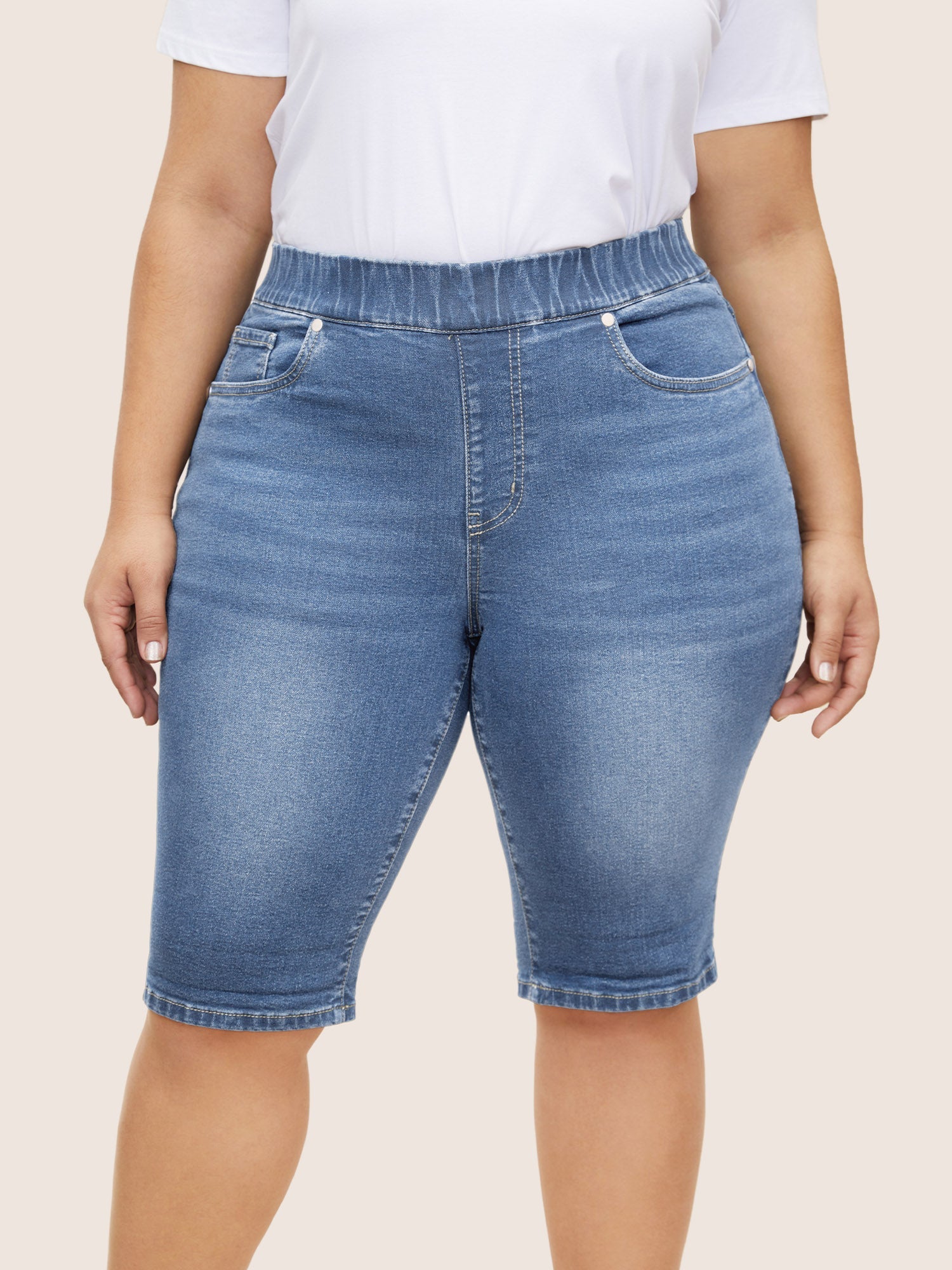 Roll Hem Elastic Waist Dark Wash Denim Shorts
