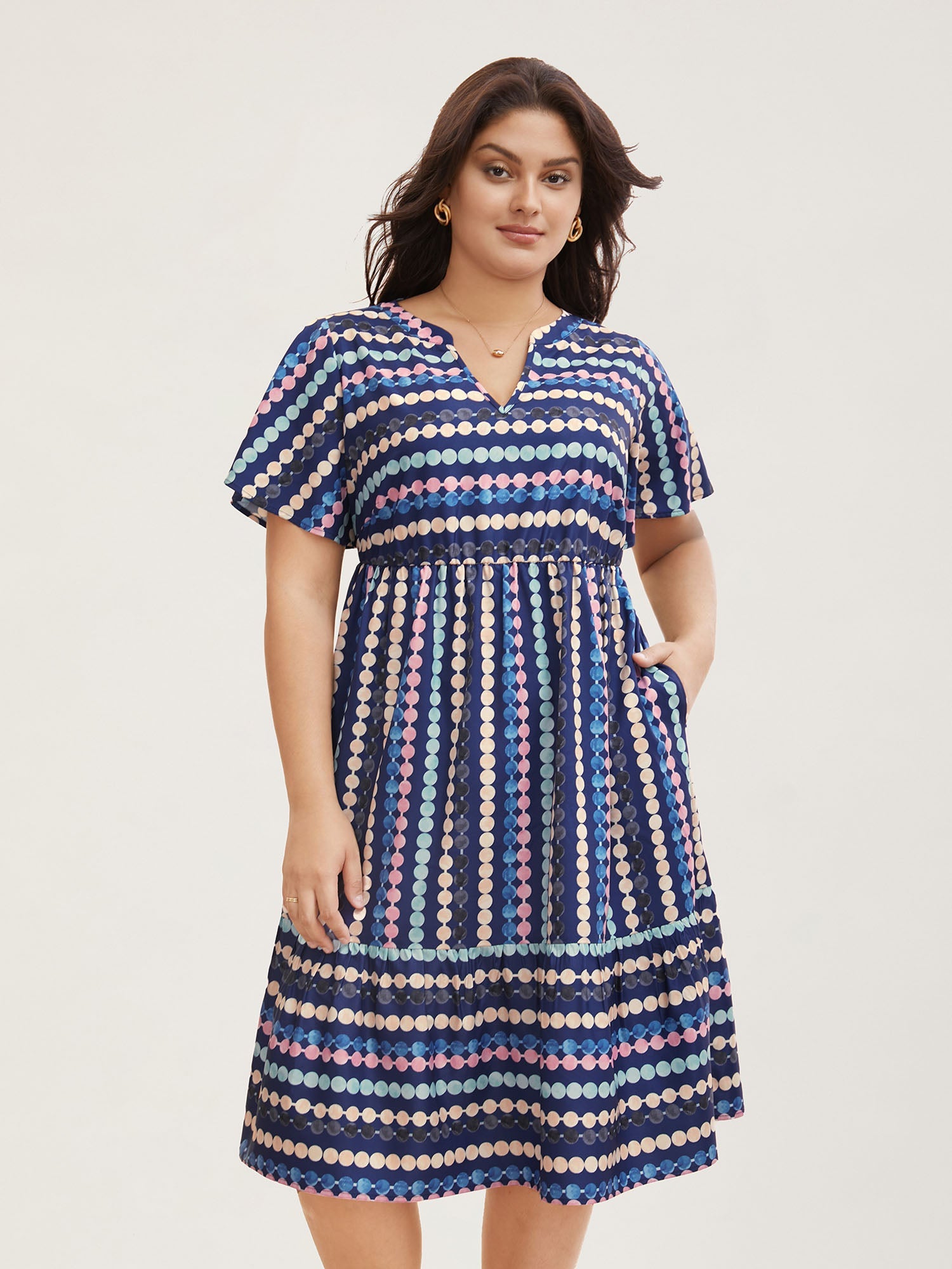 Dot Print Elastic Waist Split Neck Midi Dress