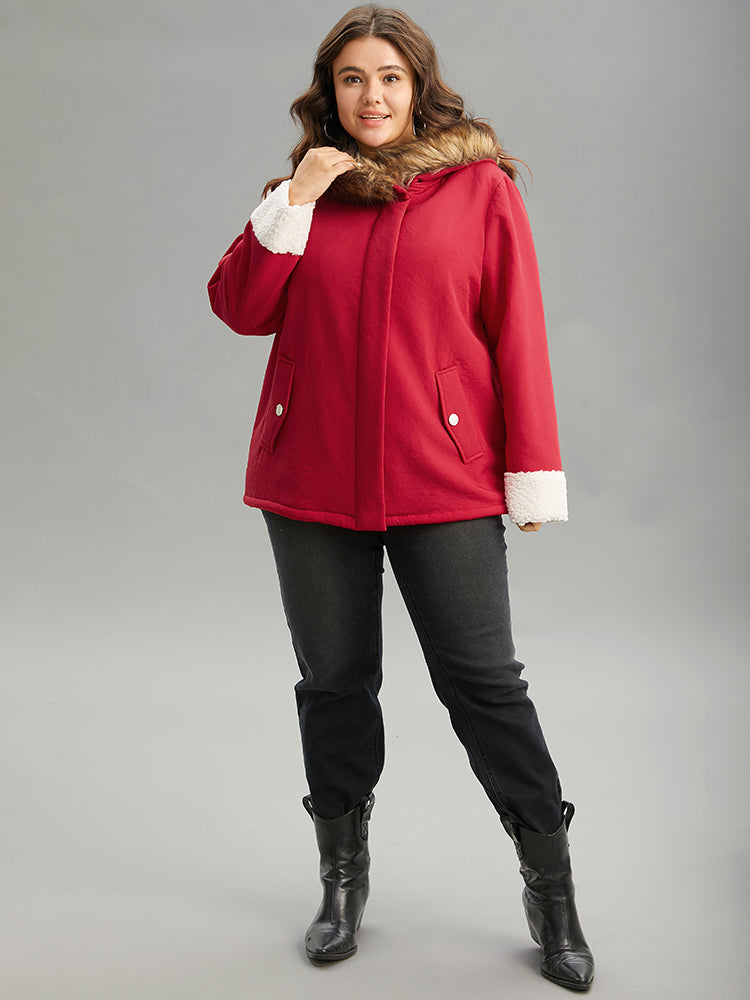 Patchwork Fuzzy Trim Pocket Hooded Jacket