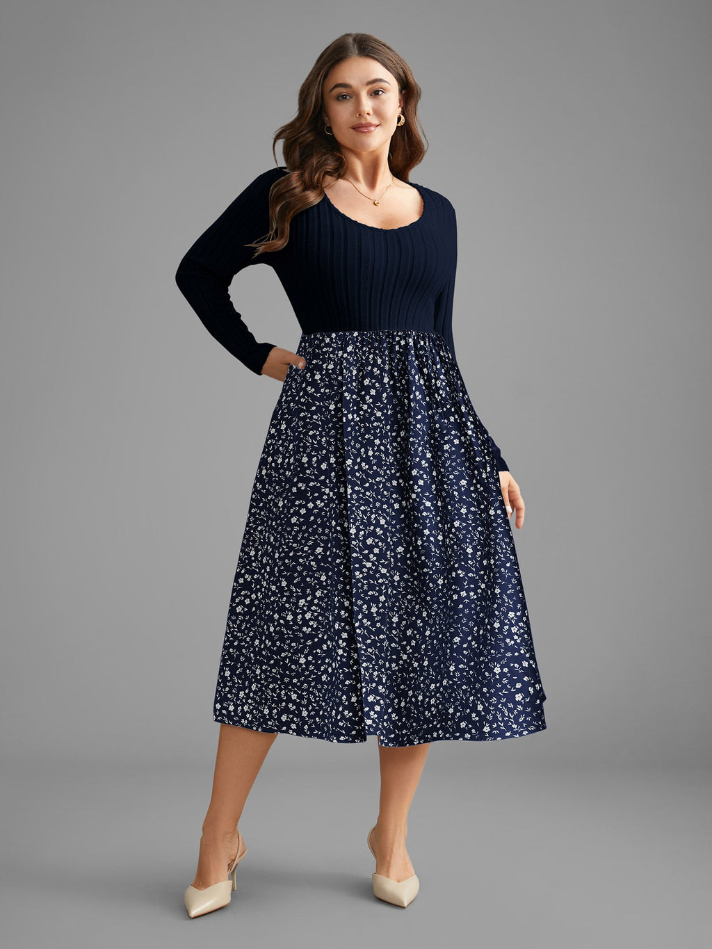 Ditsy Floral Patchwork Texture Midi Dress