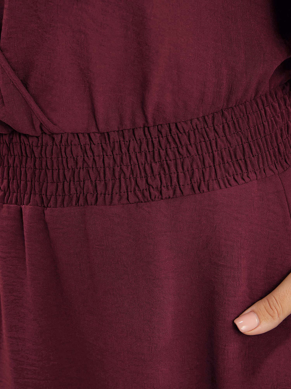 Solid Laser Cut Shirred Pocket Wrap Scalloped Trim Flutter Dress