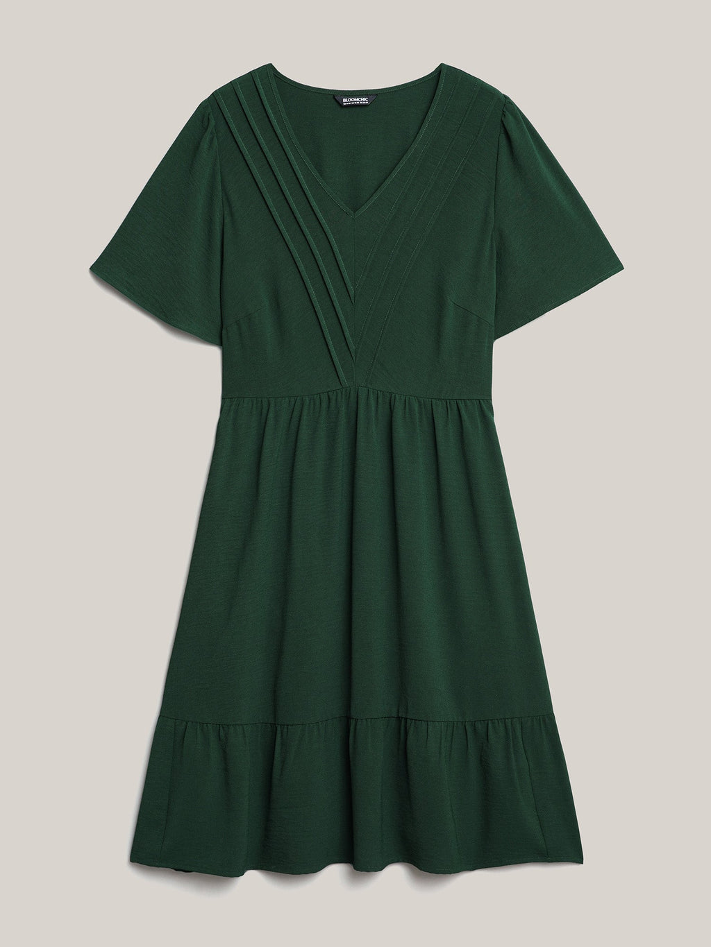 Bib-Front V-Neck Pockets Tiered Midi Dress