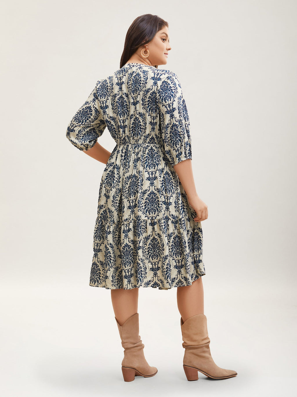 Boho Print Tie Knot Puff Sleeve Dress