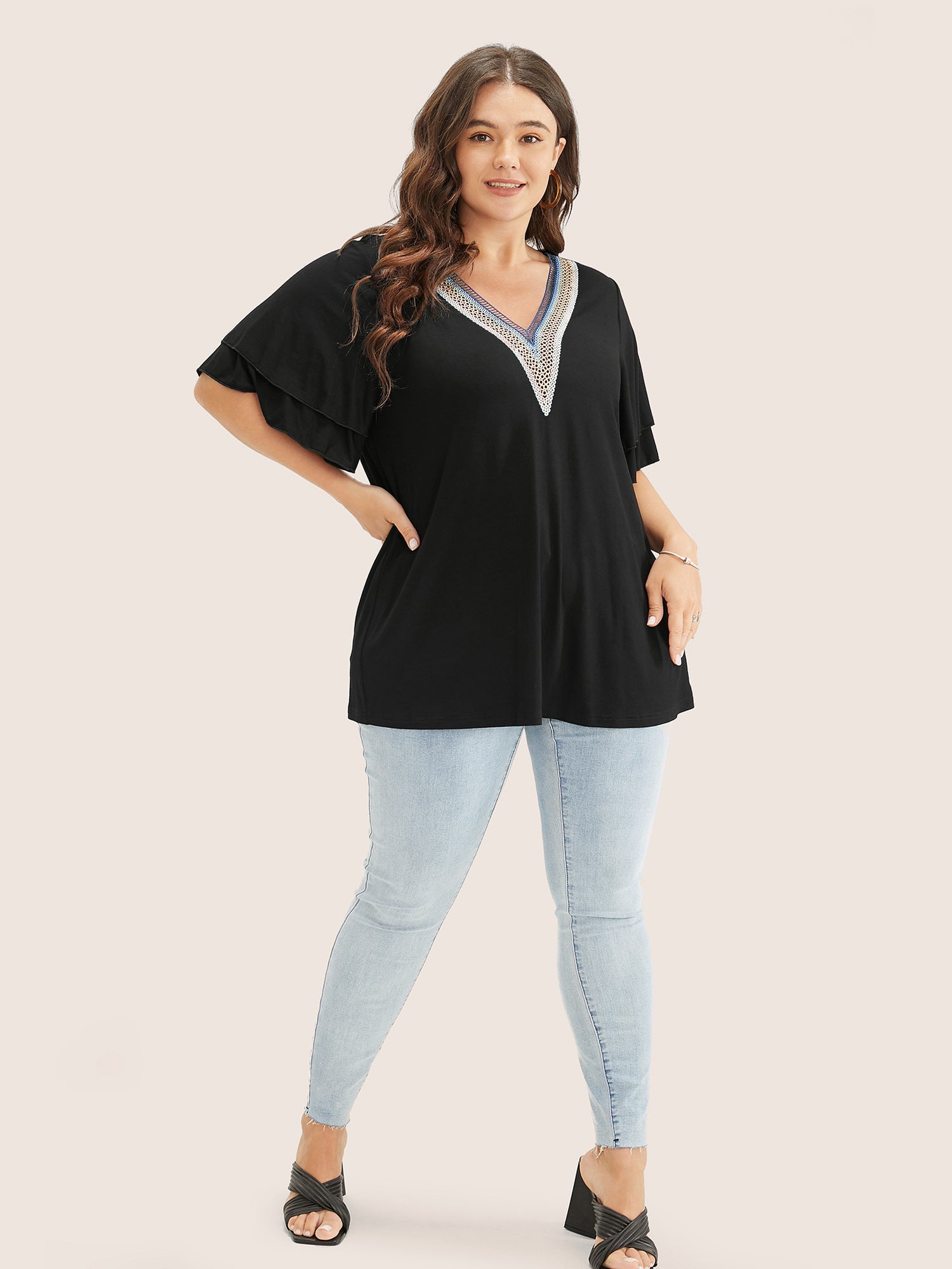 Solid Crochet Lace Ruffle Tiered Sleeve V Neck T-shirt