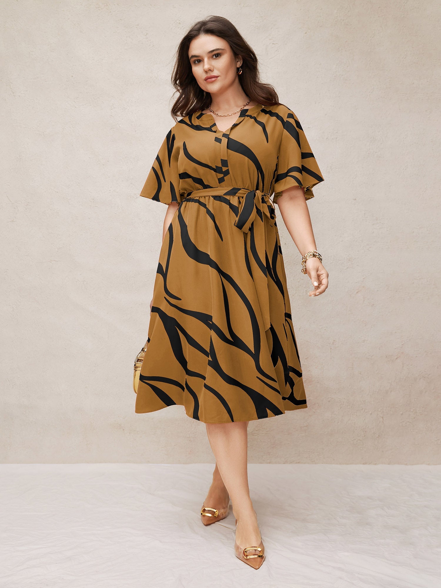 Geometric Surplice Neck Tie Knot Midi Dress
