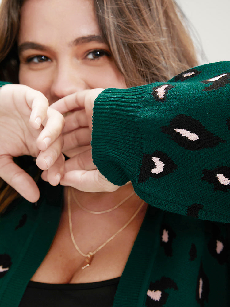 Leopard Super Soft Knit Pocket Jacquard Open Front Cardigan