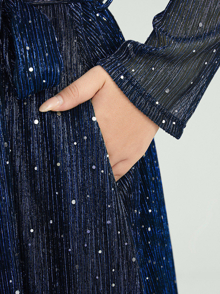 Solid Pocket Wrap Belted Sequin Mesh Maxi Dress