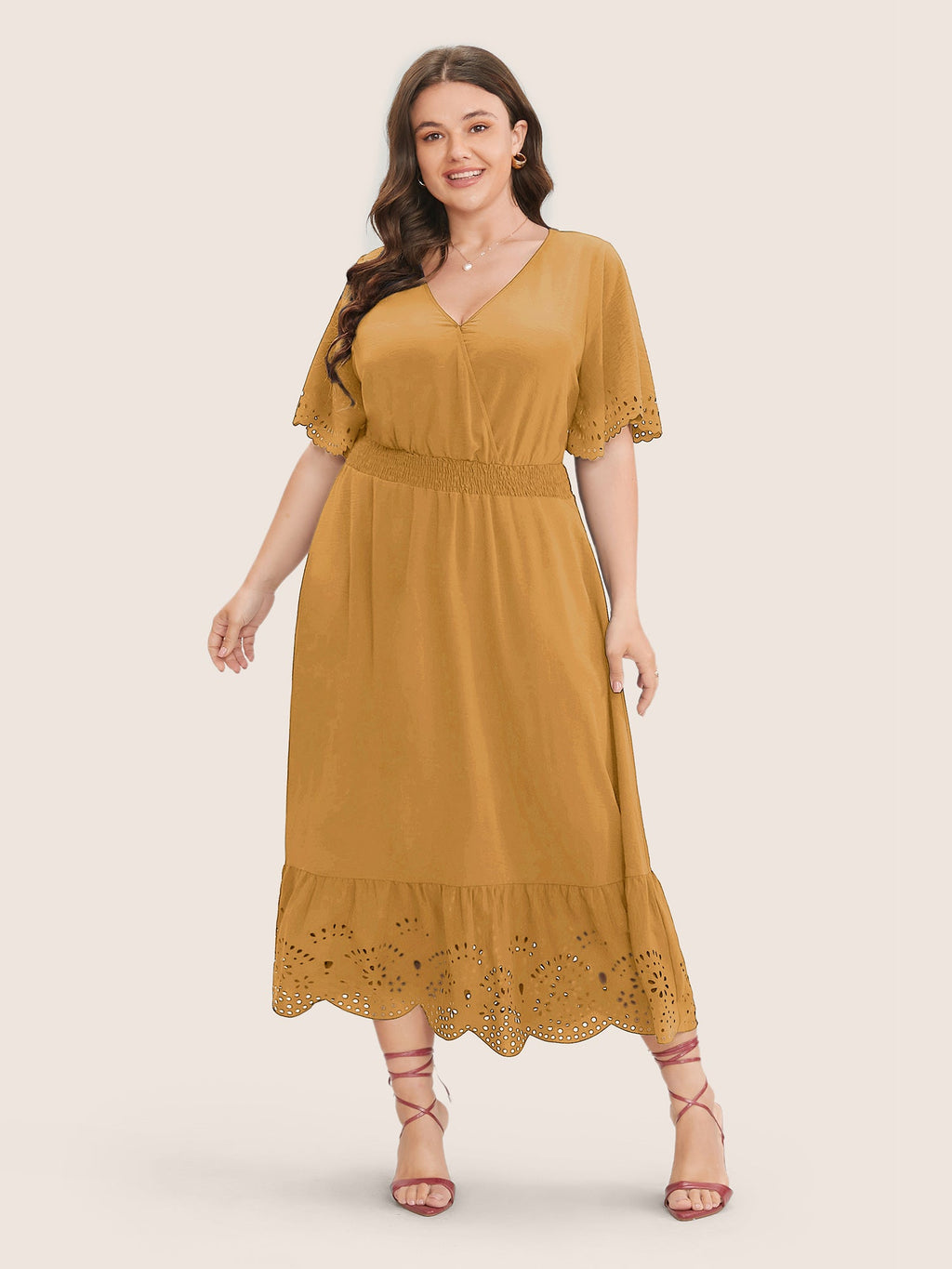 Solid Laser Cut Shirred Pocket Wrap Scalloped Trim Flutter Dress