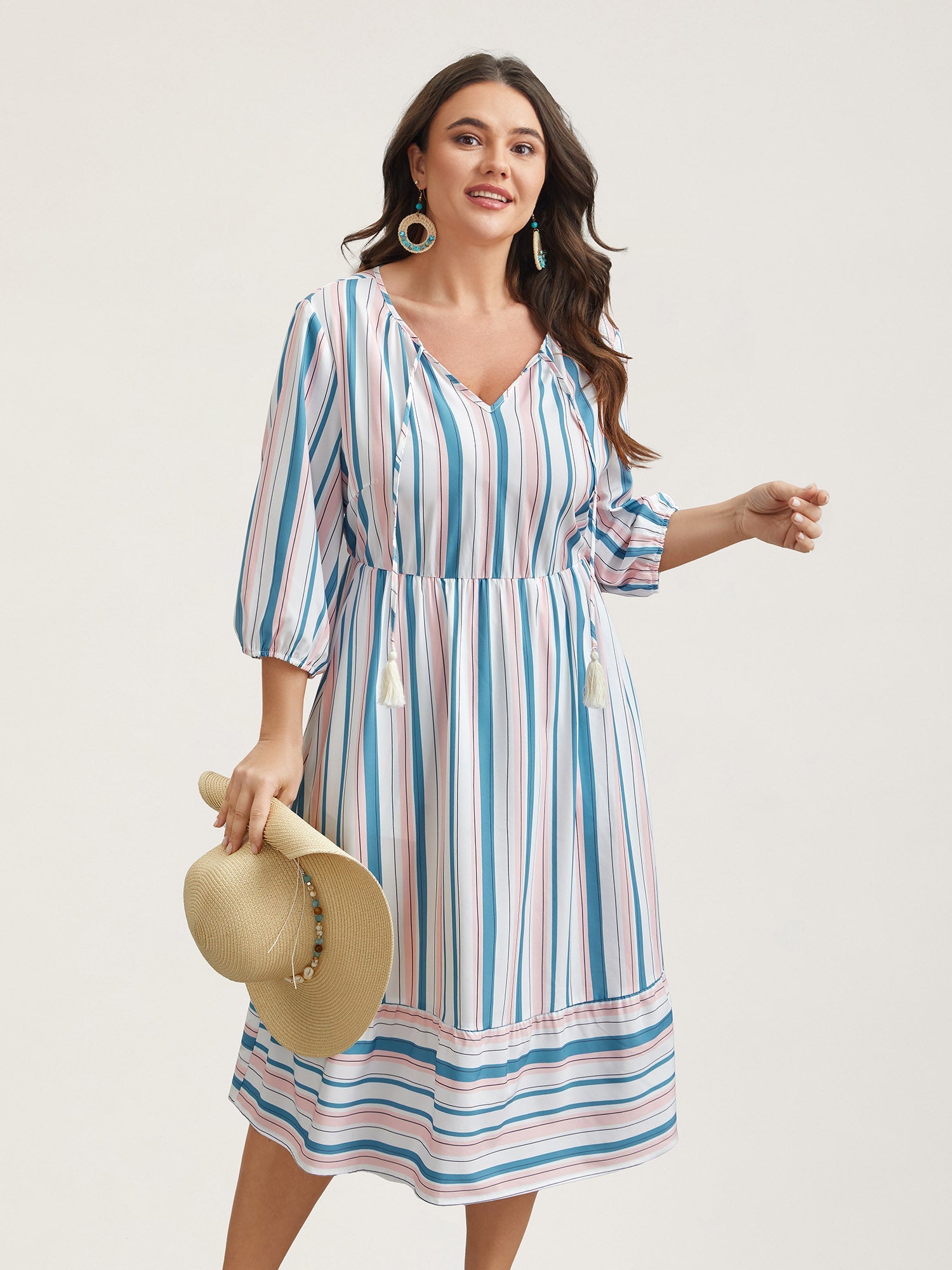Stretchy Striped Tassels Tiered Midi Dress