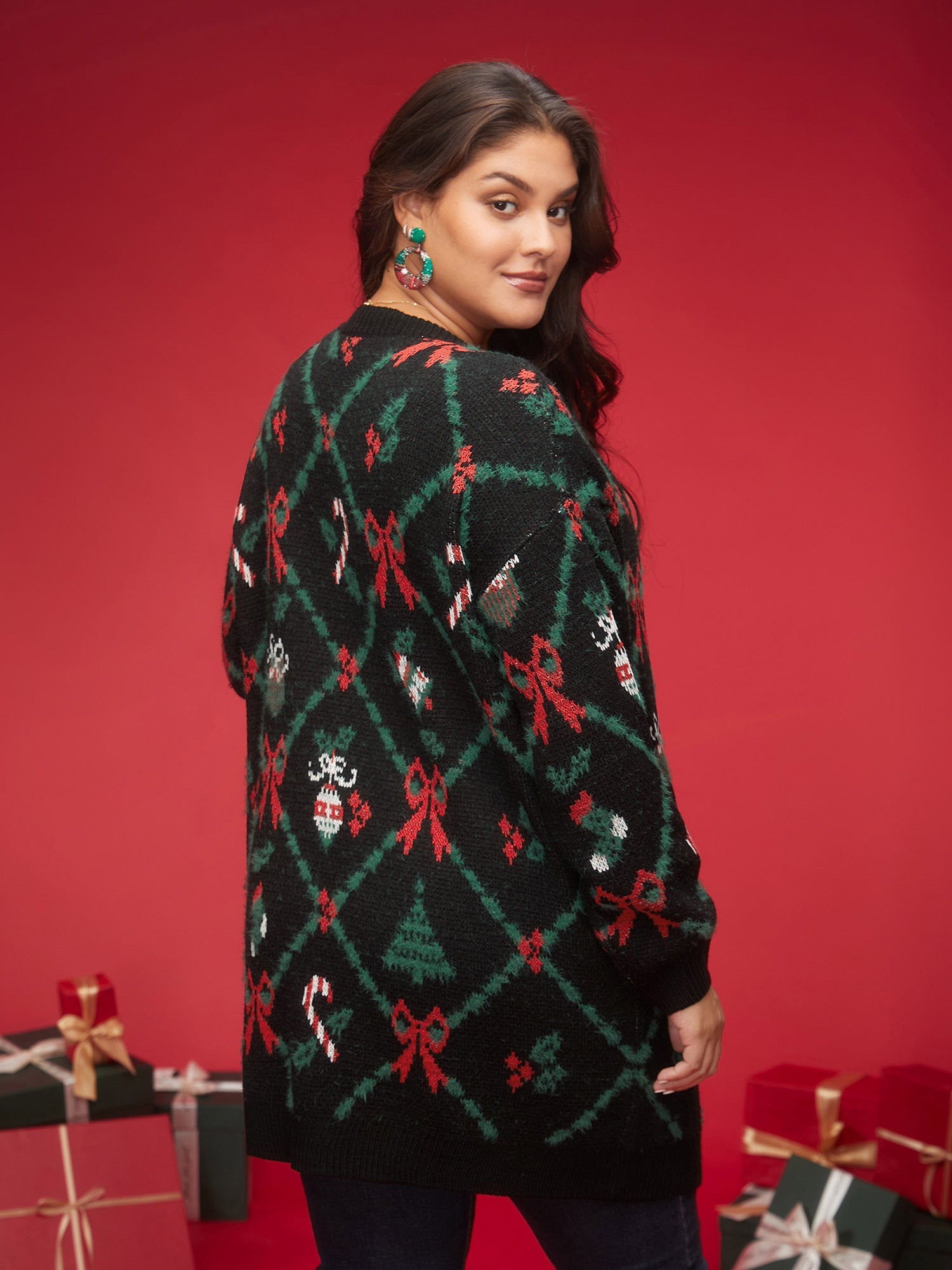 Festive Plaid Pattern Open-Front Cardigan