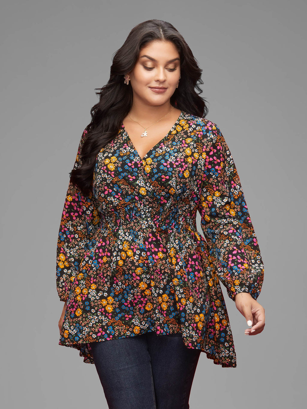 Floral Smocked Waistline Surplice Neck Blouse