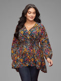 Floral Smocked Waistline Surplice Neck Blouse