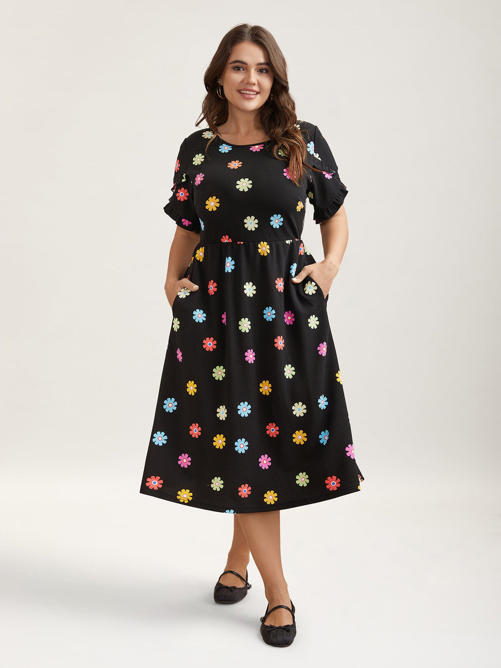 Stretchy-Waist Floral Print Pockets Midi Dress