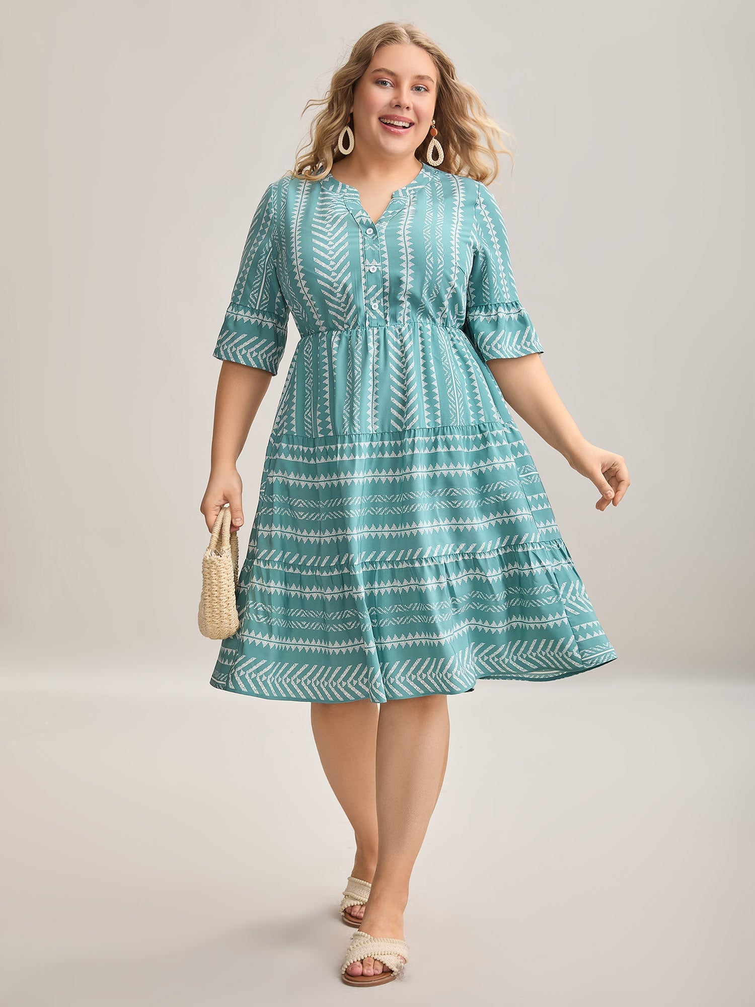 Boho Stripe Print Stretchy Waist Midi Dress