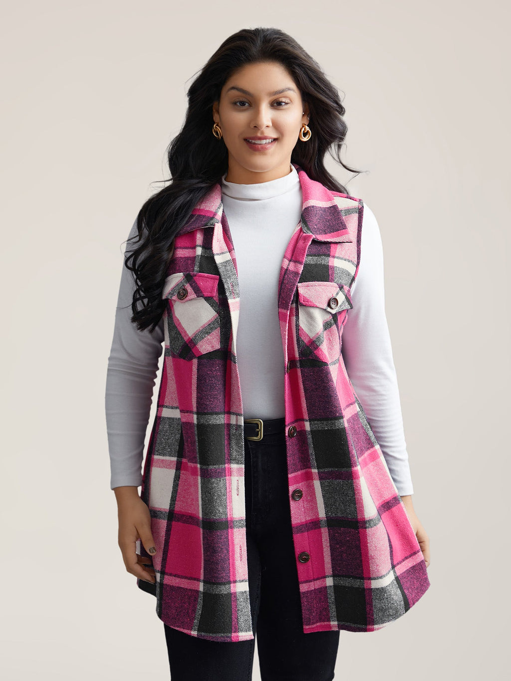 Plaid Flap Detail Sleeveless Jacket