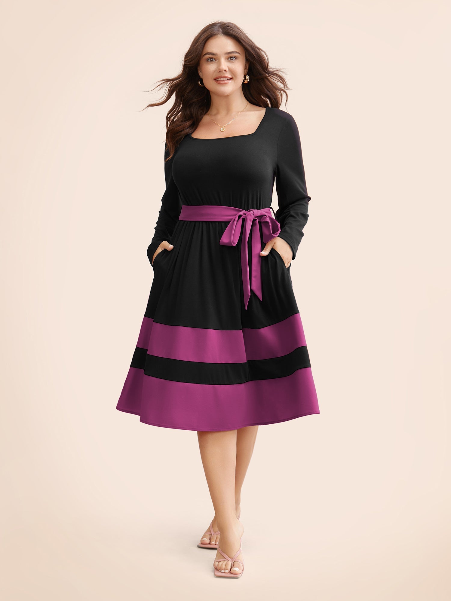 Two Tone Belted Bowknot Square Neck Dress