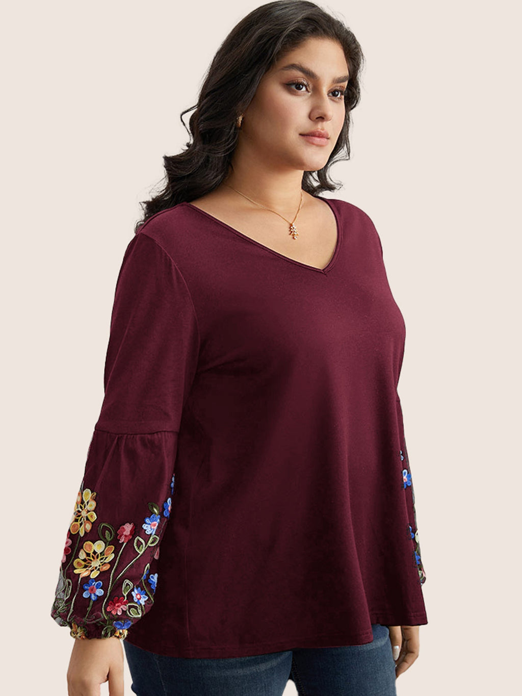 Floral Embroidered Lantern Sleeve T-shirt