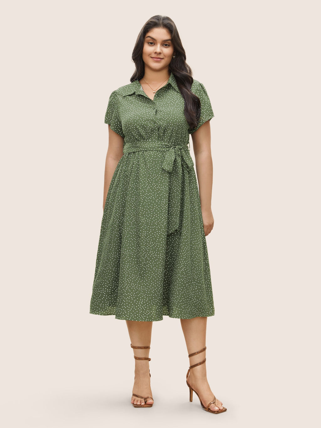 Polka Dot Shirt Collar Pocket Button Up Dress