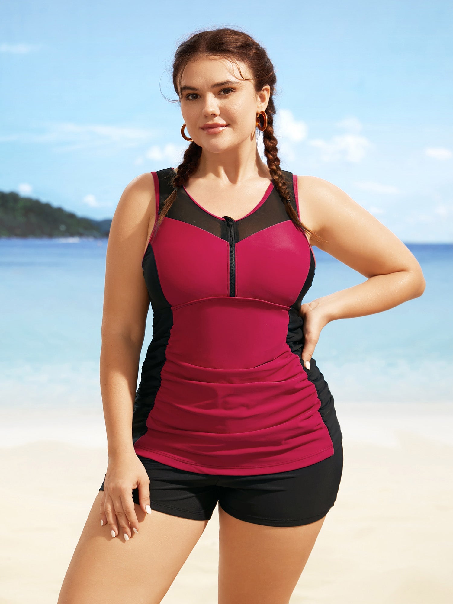 Contrast Patchwork Gathered Half Zip Swim Top