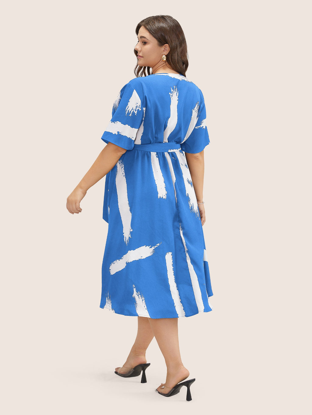 Brush Print Keyhole Belted Pocket Flutter Dress