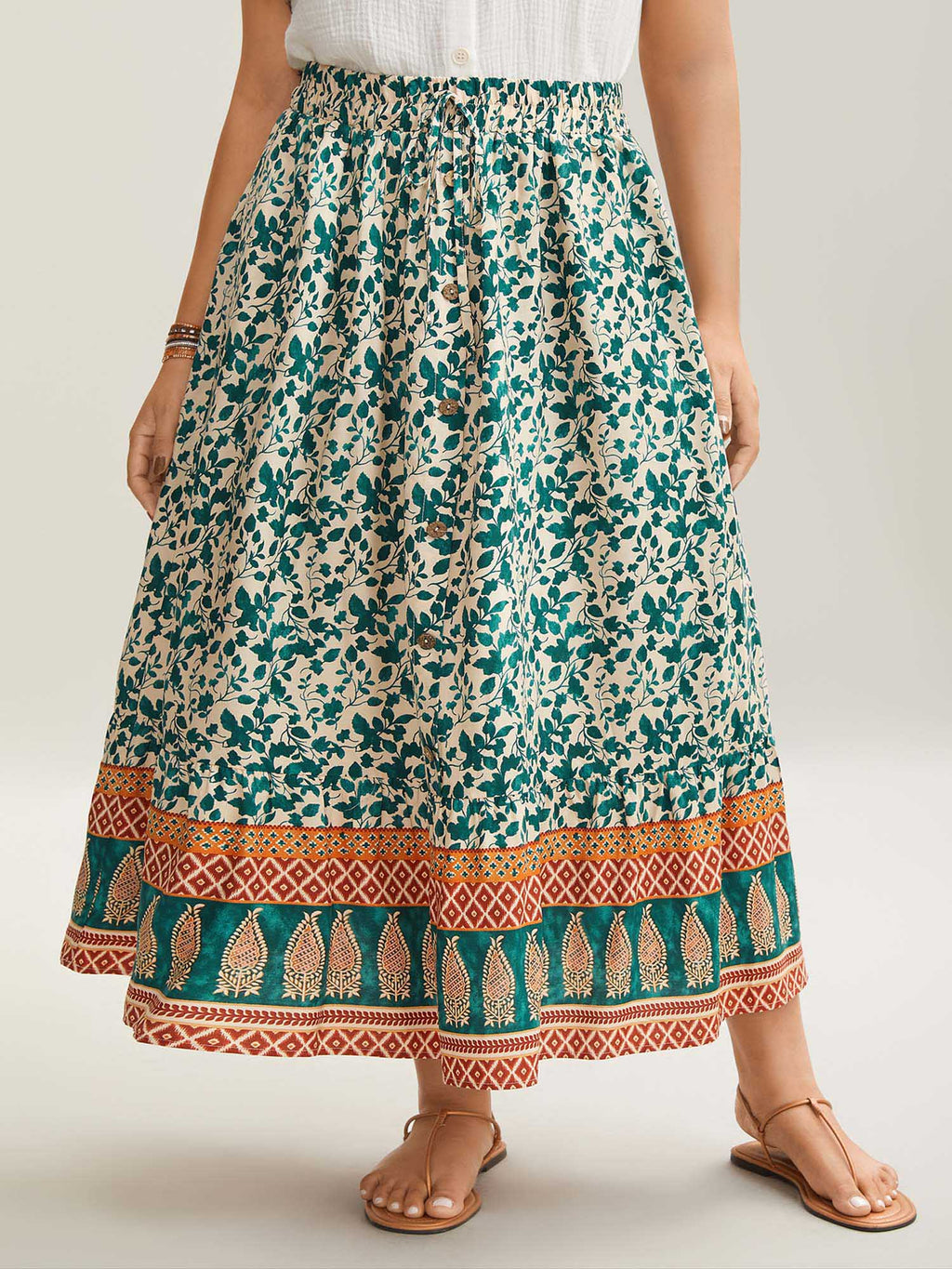 Stretchy Waist Boho Print Tied Midi Skirt