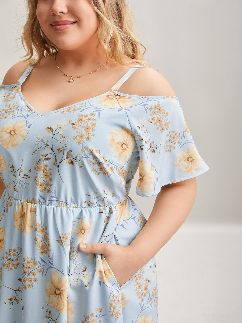 Floral Print Cold-Shoulder Pockets Midi Dress