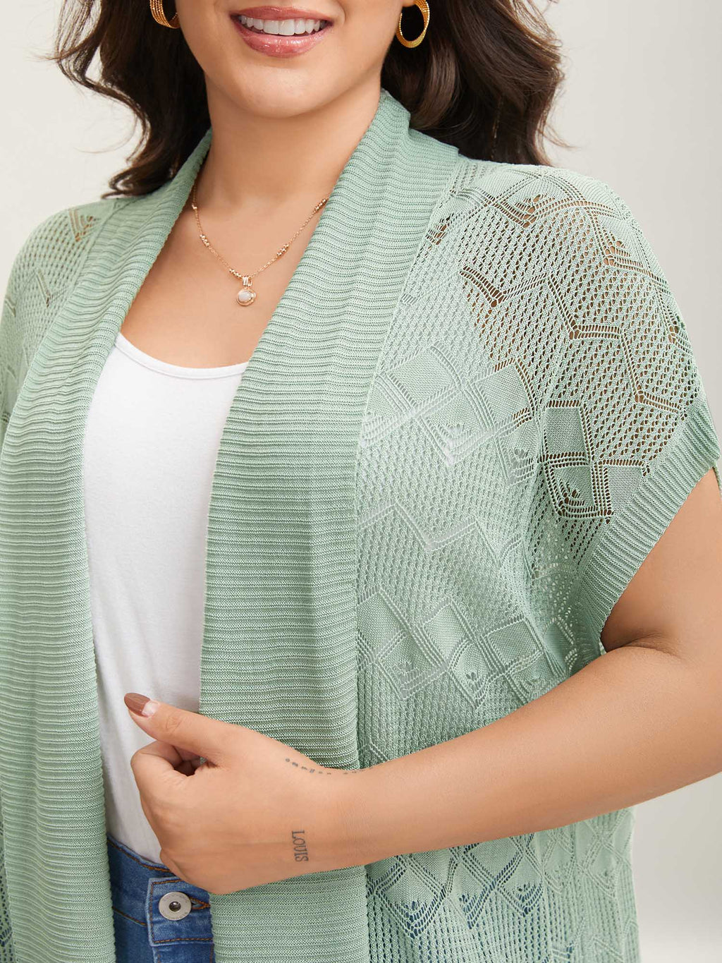 Eyelet Trim Folded Collar Knit Cardigan