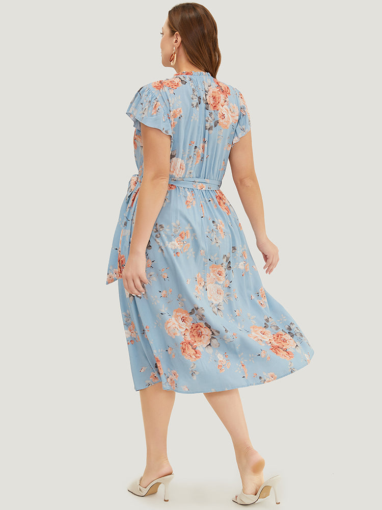 Floral Frill Trim Mock Neck Pocket Ruffle Belted Cap Sleeve Dress