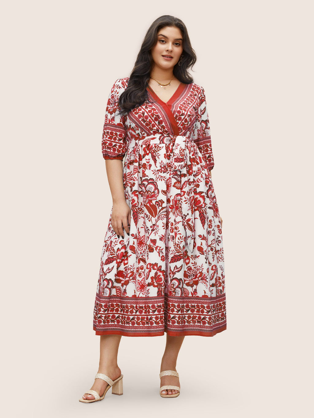 Bandana Print Surplice Neck Lantern Sleeve Pocket Belted Midi Dress