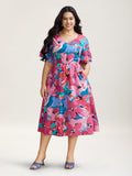 Multi-Color Floral V-Neck Pockets Midi Dress