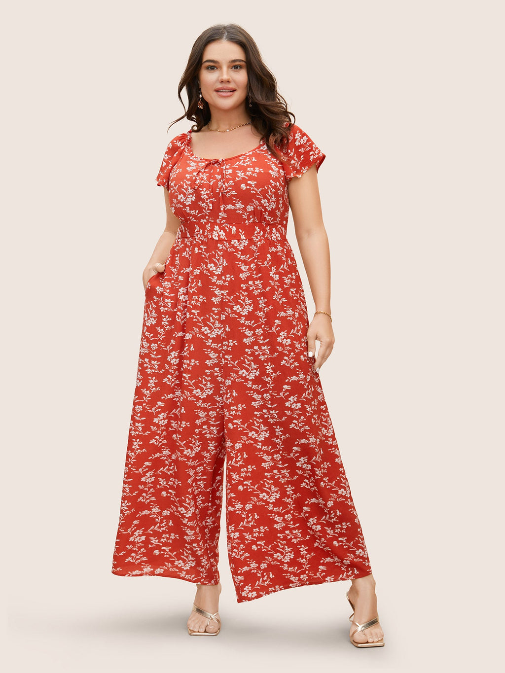 Crew Neck Ditsy Floral Tie Knot Jumpsuit