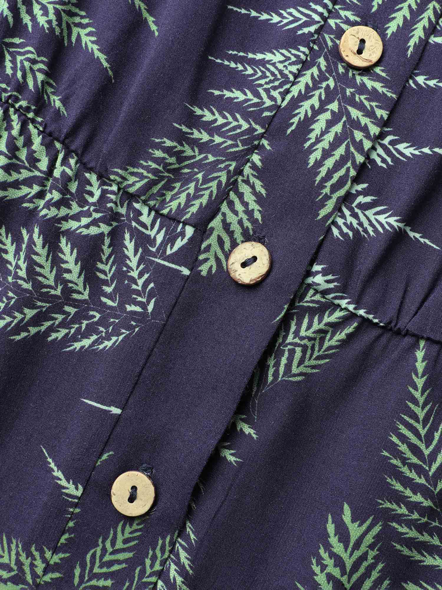 Tropical Leaf Print Pockets Button Romper