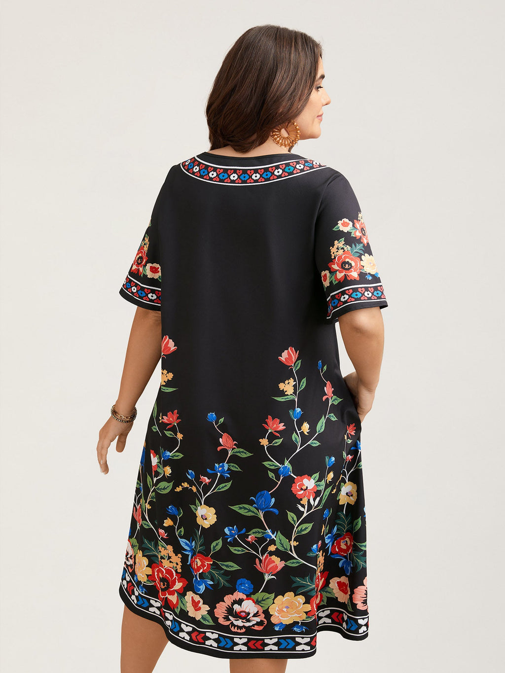 Boho Print V-Neck Flared Sleeve Midi Dress
