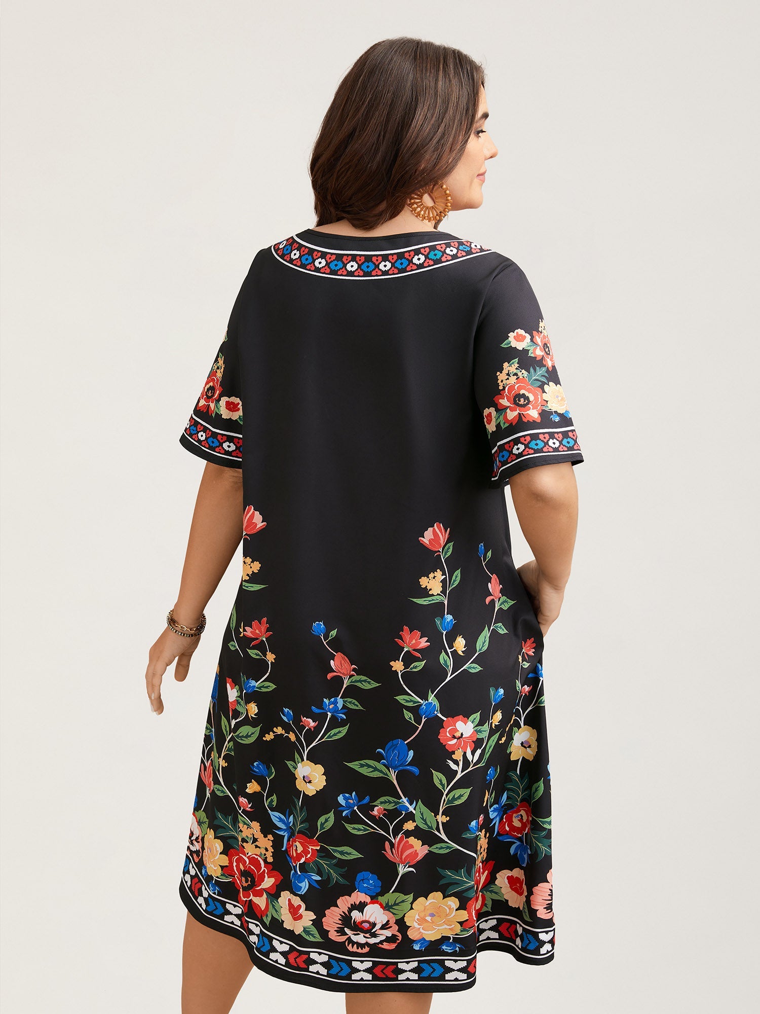 Boho Print V-Neck Flared Sleeve Midi Dress