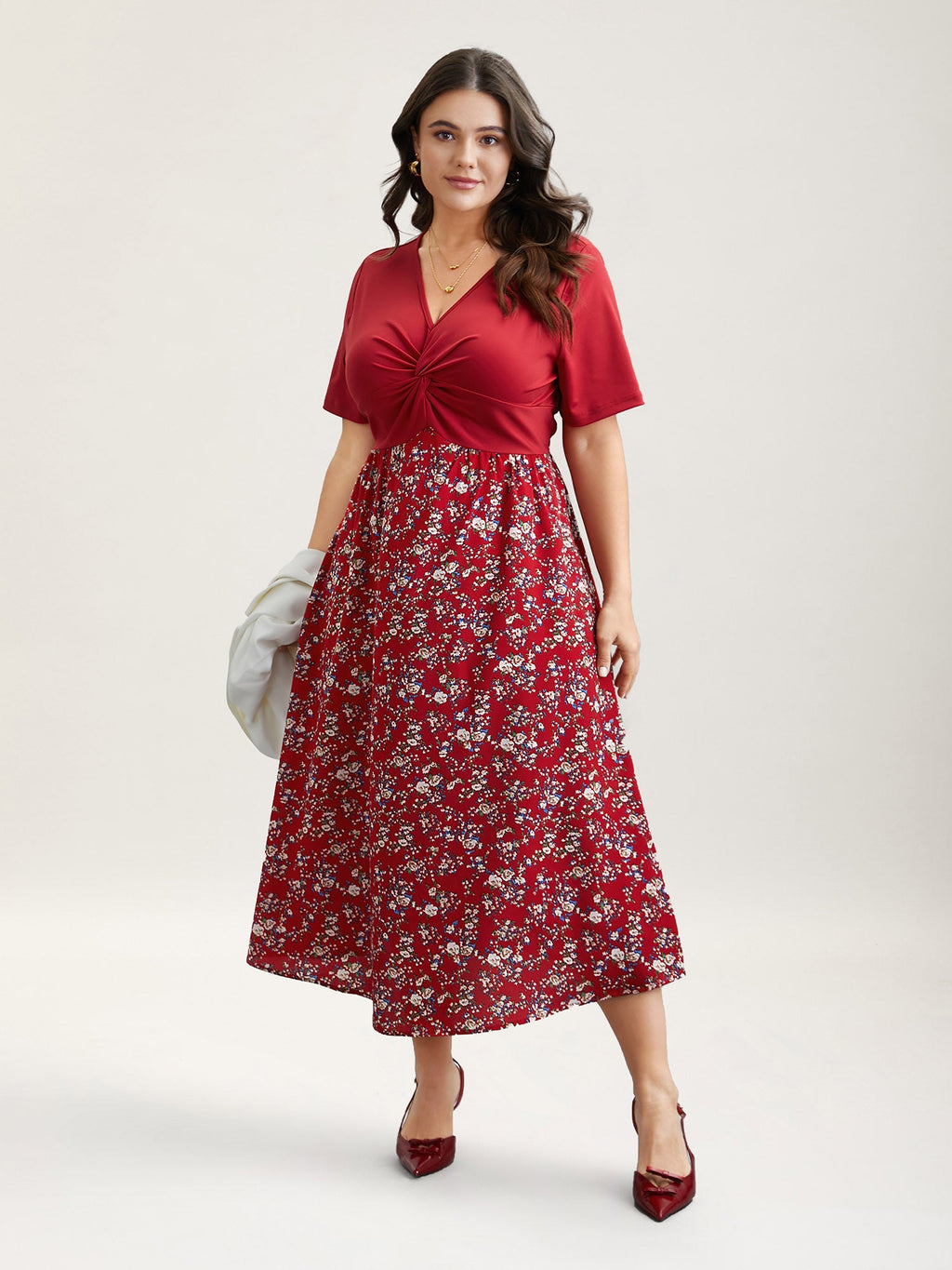 Twist-Front V-Neck Stretchy Waist Midi Dress
